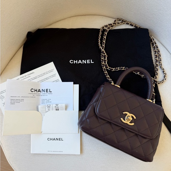CHANEL Handbags - CHANEL Mini Coco Handle Flap Bag Burgundy Caviar Gold With Receipt